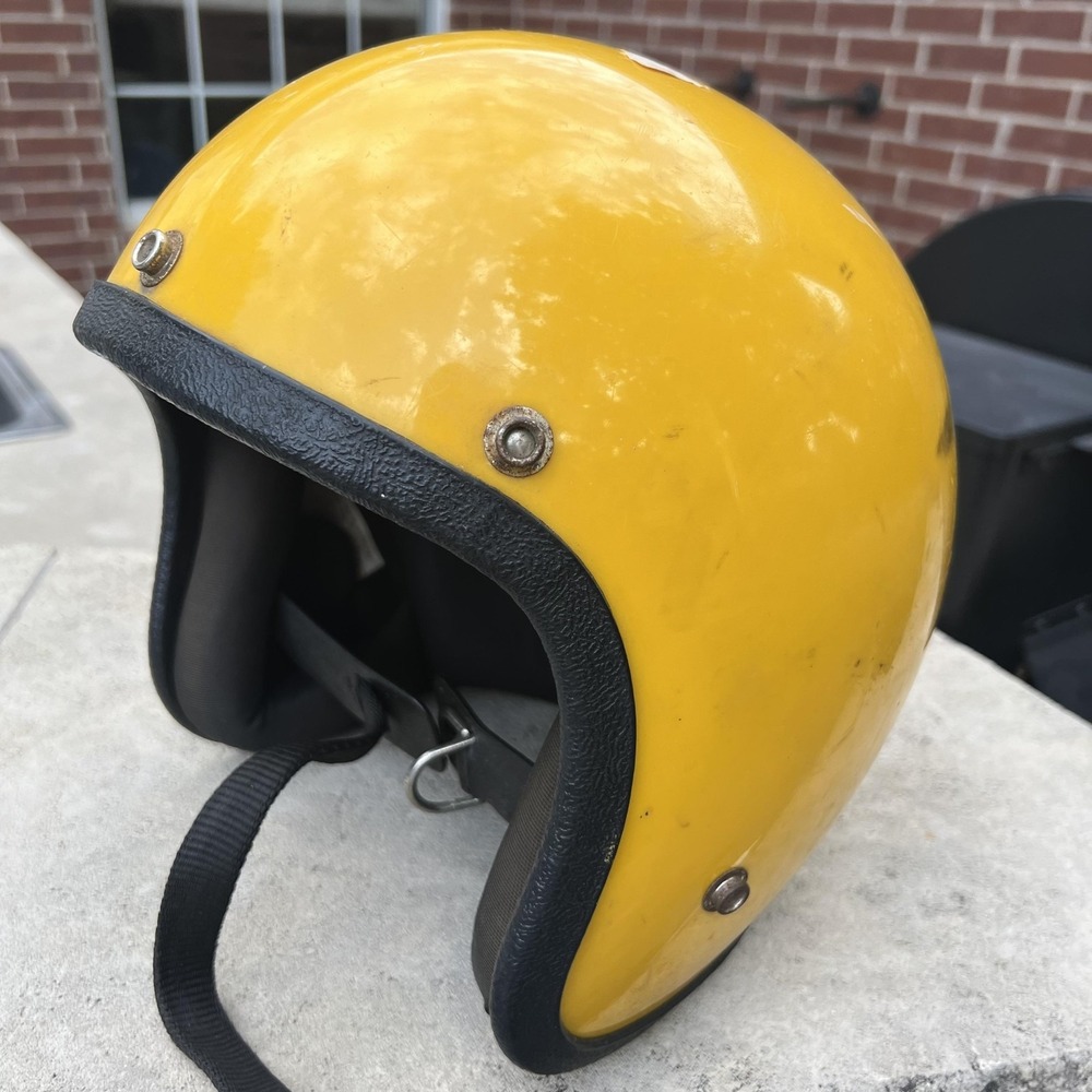Vintage ROP 4170 Yellow Open Face Motorcycle Helmet XL Double D Strap 1979